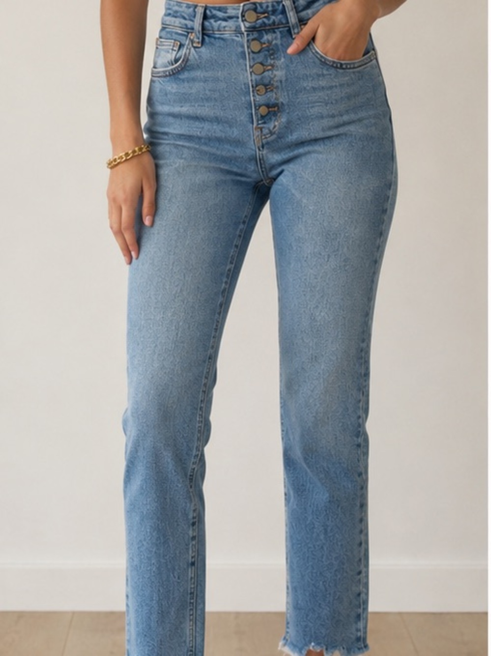 Anine Bing Light Blue High-Rise Straight Jeans Raw Hem | 25
